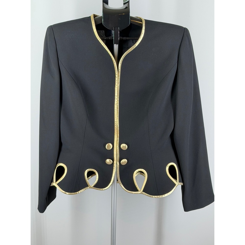 Rimini by Shaw Black Gold Metallic Trim Scalloped Hem Blazer Jacket Womens 12